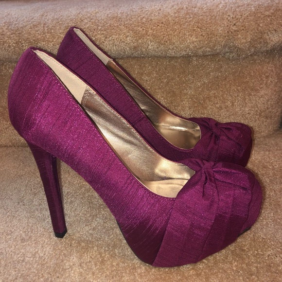 Qupid Burgundy Bow Platform Pumps Heels Stilettos - Picture 4 of 8